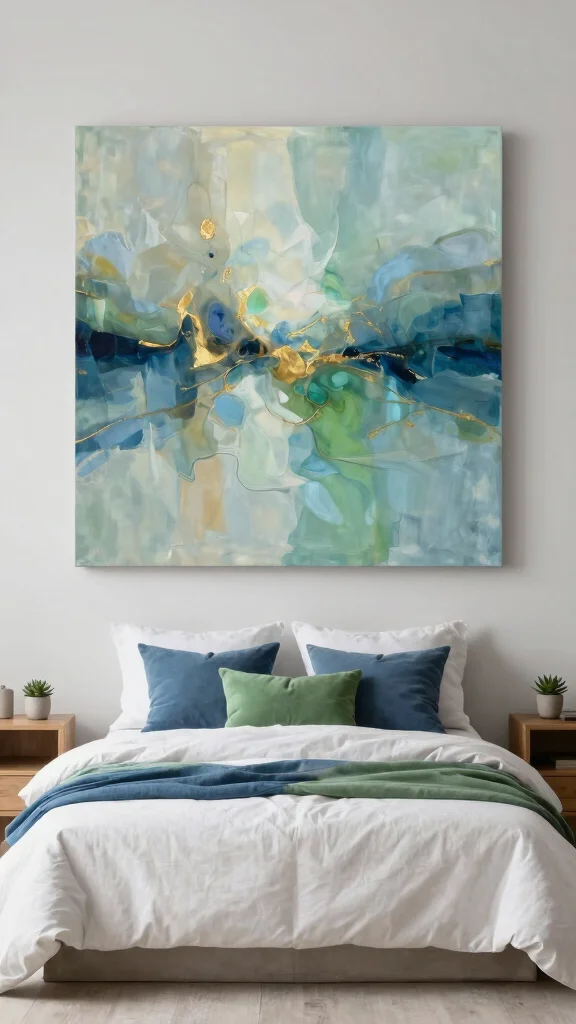 11 Wall Art Ideas Above the Bed for a Calm, Finished Bedroom - 1. Large Abstract Painting 1