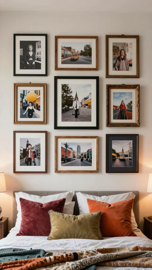 11 Wall Art Ideas Above the Bed for a Calm, Finished Bedroom - 2. Gallery Wall with Personal Touches 1