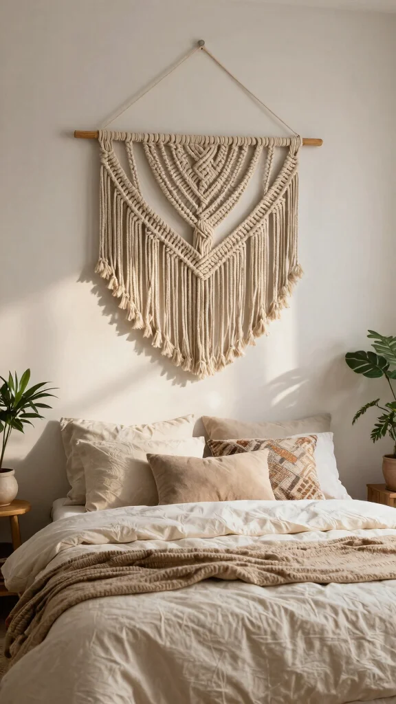 11 Wall Art Ideas Above the Bed for a Calm, Finished Bedroom - 3. Macramé Wall Hanging for Texture 1