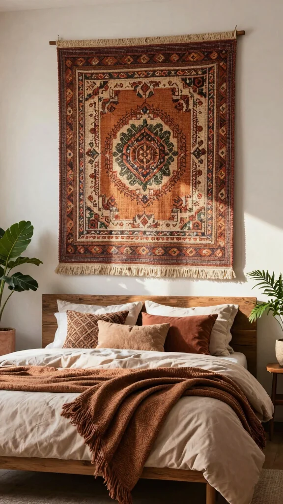 11 Wall Art Ideas Above the Bed for a Calm, Finished Bedroom - 6. Textile Art for Warmth 1