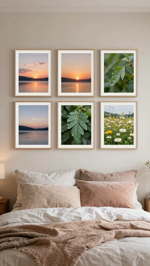11 Wall Art Ideas Above the Bed for a Calm, Finished Bedroom - 8. Nature-Inspired Photography 1