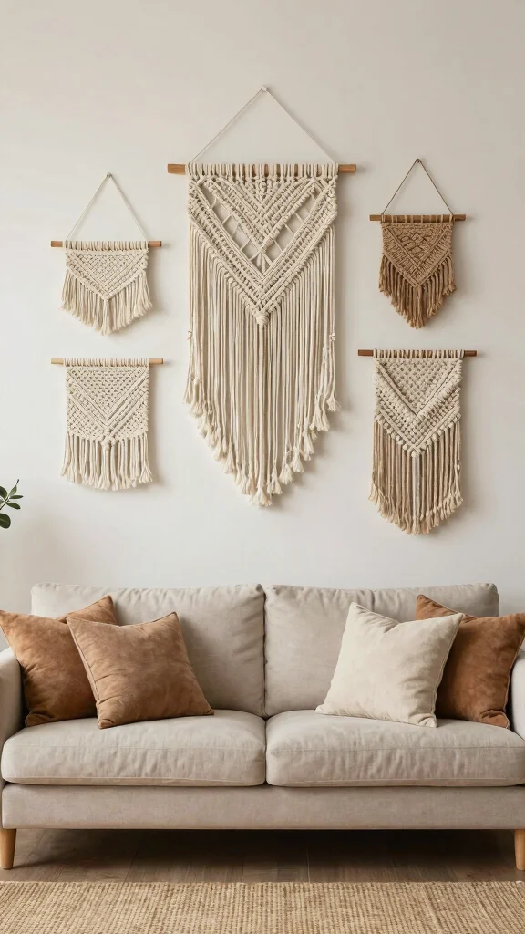 11 Ways to Style Throw Pillows and Blankets in the Living Room - 10. Textured Wall Hangings 1