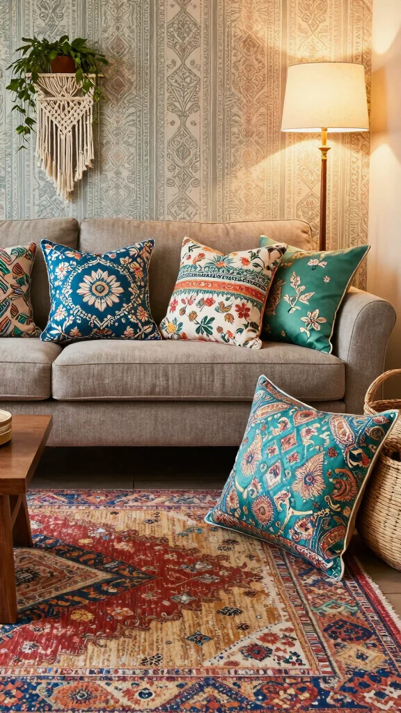 11 Ways to Style Throw Pillows and Blankets in the Living Room - 2. Play with Patterns 1