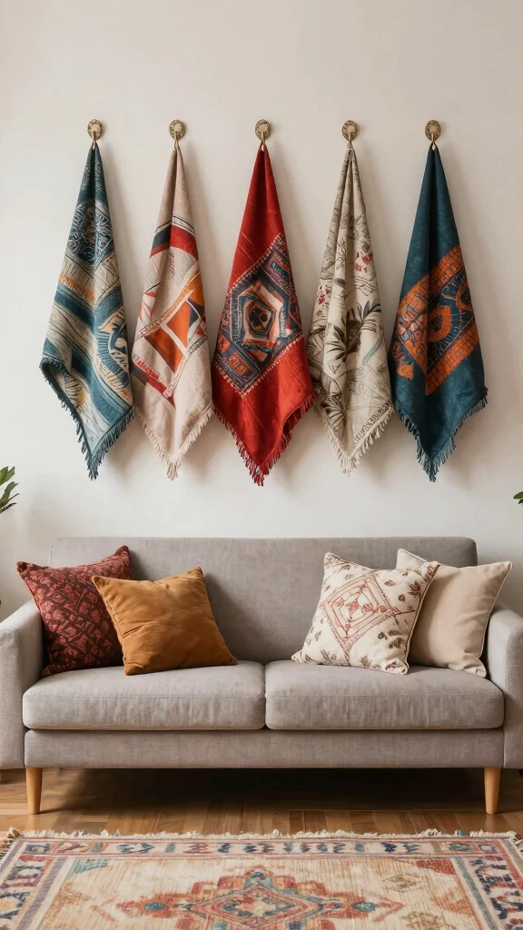 11 Ways to Style Throw Pillows and Blankets in the Living Room - 7. Use Throws As Wall Art 1