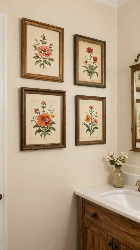 12 Bathroom Wall Art Ideas That Look Clean, Fresh, and Stylish - 6. Vintage Floral Illustrations 1