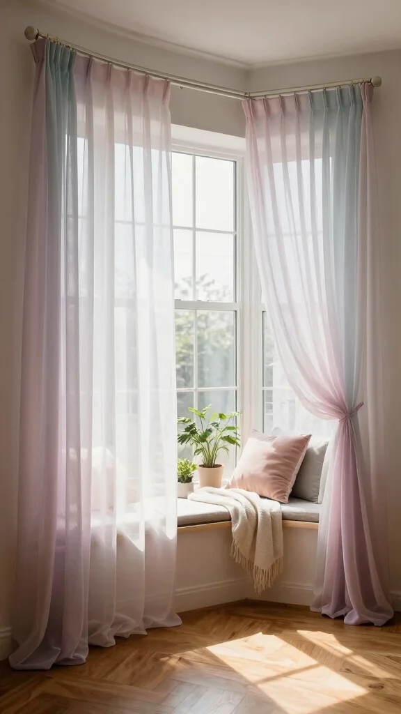 12 Bay Window Treatment Ideas for a Softer, Custom Look - 1. Layered Sheer Curtains for a Dreamy Effect 1