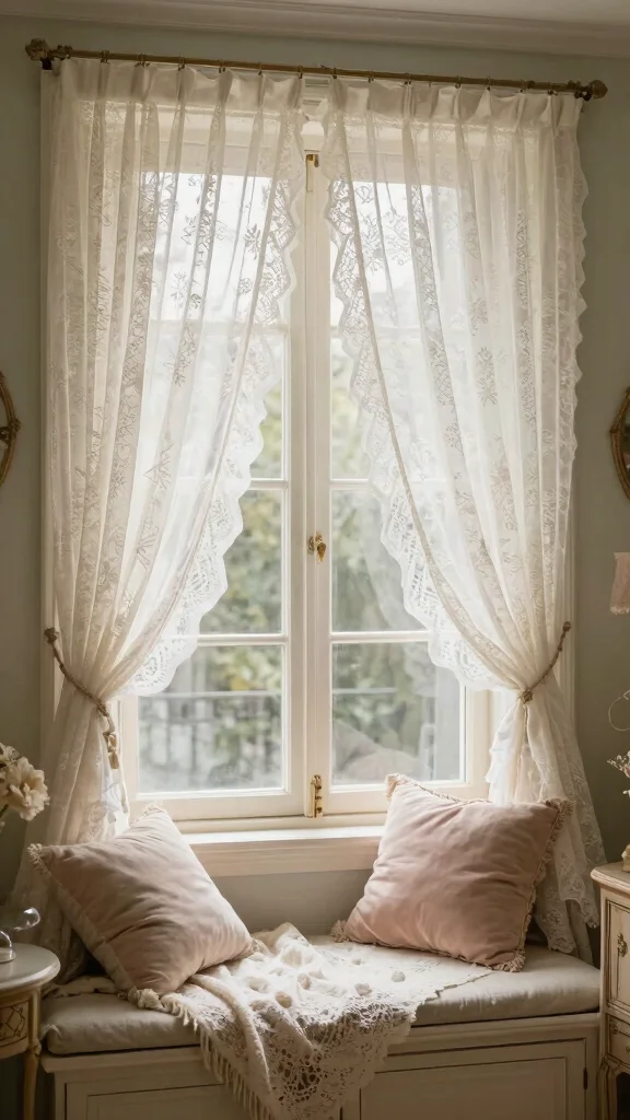 12 Bay Window Treatment Ideas for a Softer, Custom Look - 11. Elegant Lace Curtains for a Vintage Feel 1