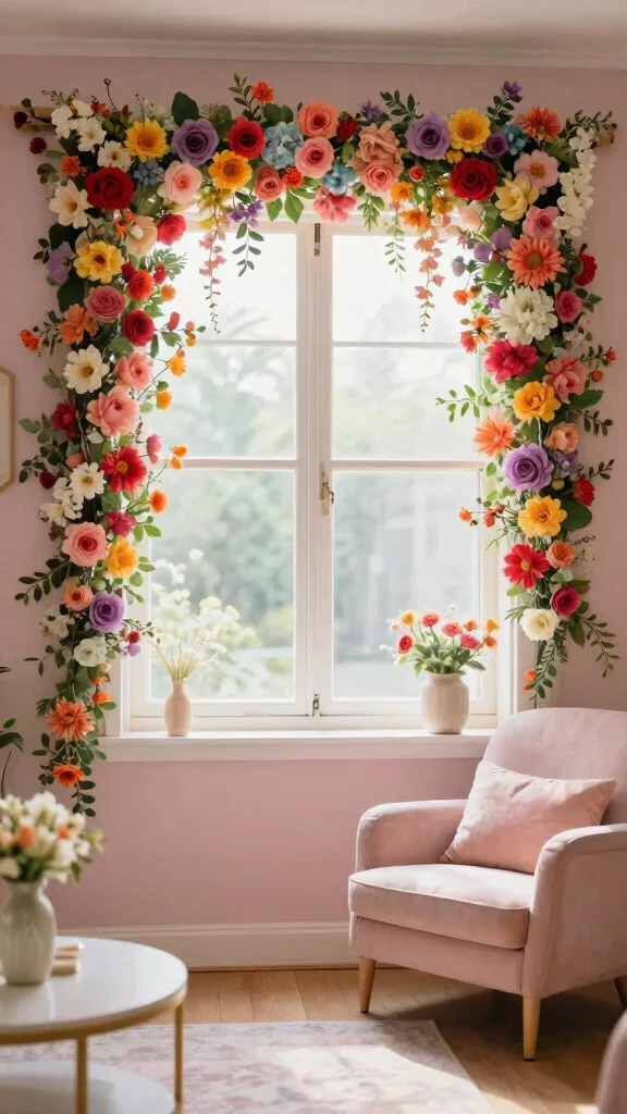 12 Cheap DIY Window Treatment Ideas That Still Look Custom - 6. Flower Garland Frames 1