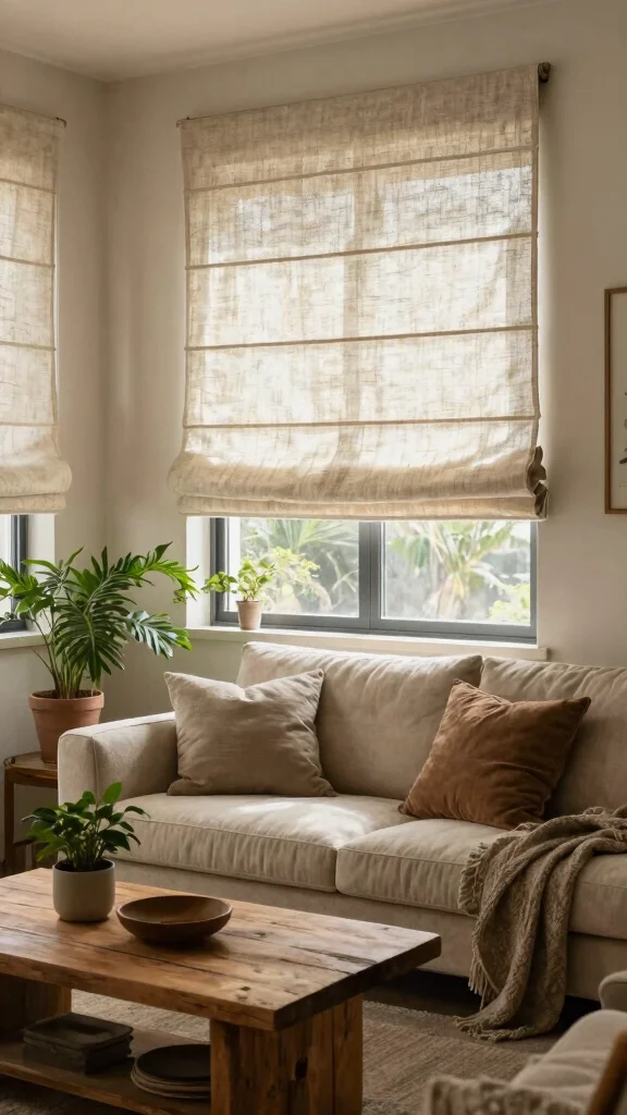 12 Roman Shade Window Treatment Ideas for a Clean, Tailored Look - 3. Natural Linen Roman Shades 1