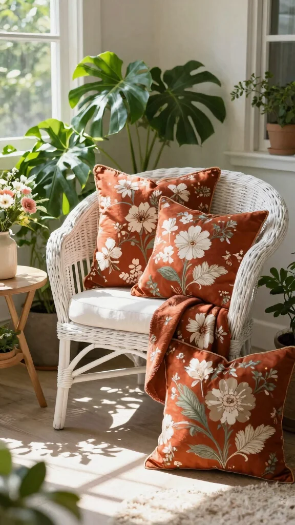 12 Rust Color Throw Pillow Ideas That Warm Up Neutral Spaces - 7. Rust Color Floral Print Pillows 1
