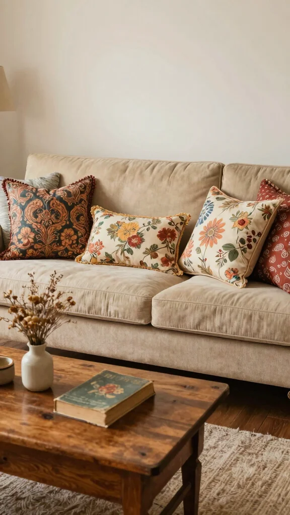 12 Throw Pillow Arrangement Ideas for a Couch That Looks Balanced - 12. Vintage Charm 1