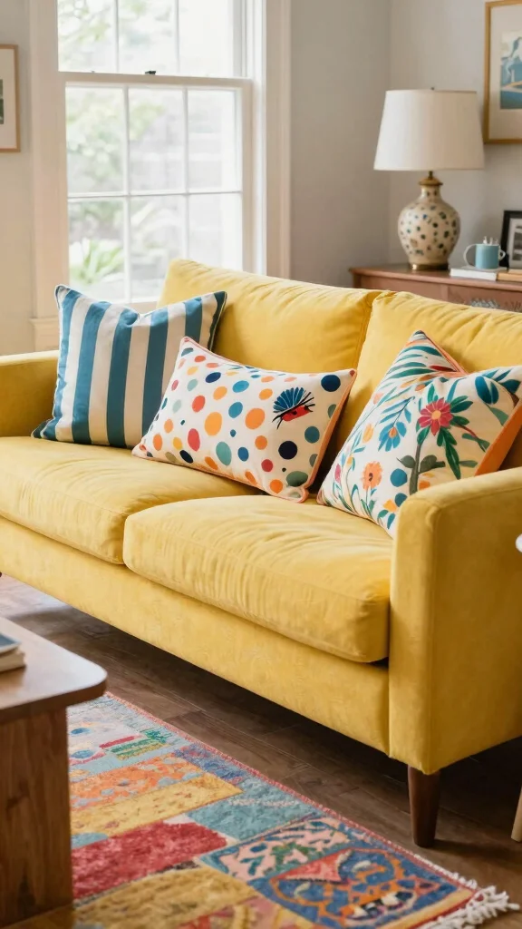 12 Throw Pillow Arrangement Ideas for a Couch That Looks Balanced - 6. Playful Patterns 1