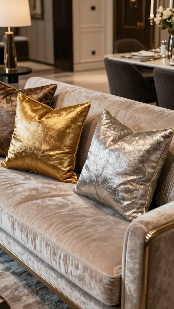 12 Throw Pillow Ideas for Couches That Look Designer Styled - 9. Add a Touch of Glam with Metallics 1