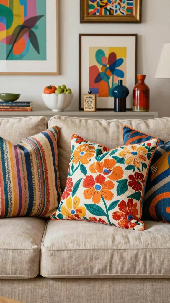 12 Throw Pillow Ideas for a Beige Couch That Feel Warm and Soft - 10. Bold Patterns for an Eclectic Touch 1