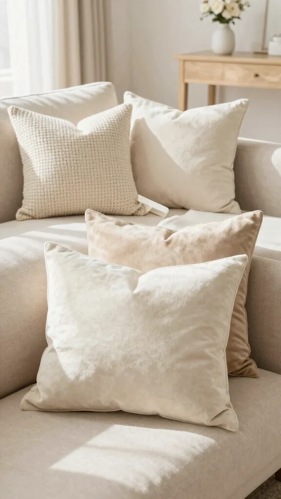12 Throw Pillow Ideas for a Beige Couch That Feel Warm and Soft - 3. Monochromatic Magic 1