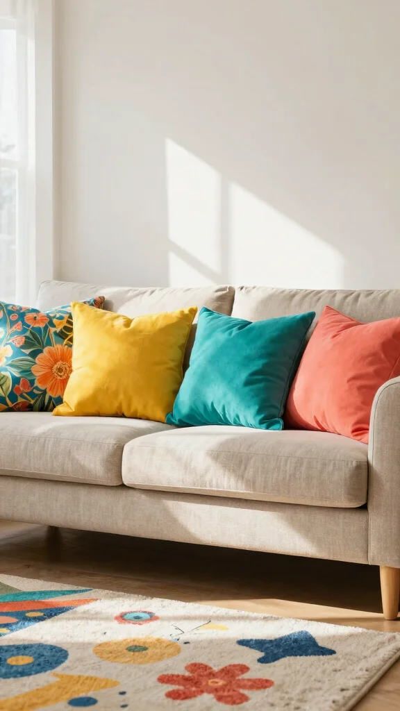 12 Throw Pillow Ideas for a Beige Couch That Feel Warm and Soft - 4. Pops of Color for a Playful Touch 1
