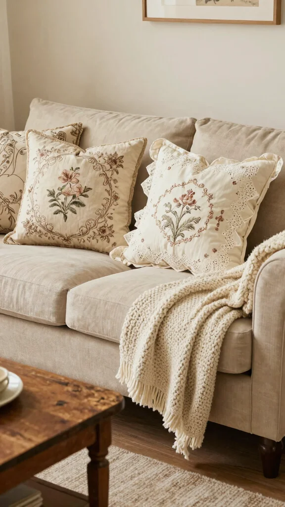 12 Throw Pillow Ideas for a Beige Couch That Feel Warm and Soft - 5. Vintage Finds for a Cozy Charm 1