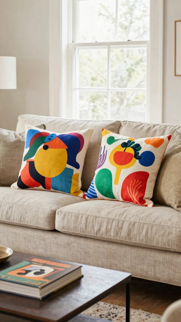 12 Throw Pillow Ideas for a Beige Couch That Feel Warm and Soft - 8. Artistic Prints for Creative Flair 1