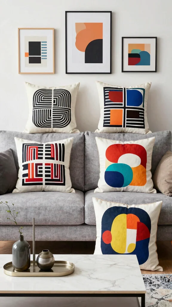 12 Throw Pillow Ideas for a Grey Couch That Always Work - 10. Statement Art Pillows 1