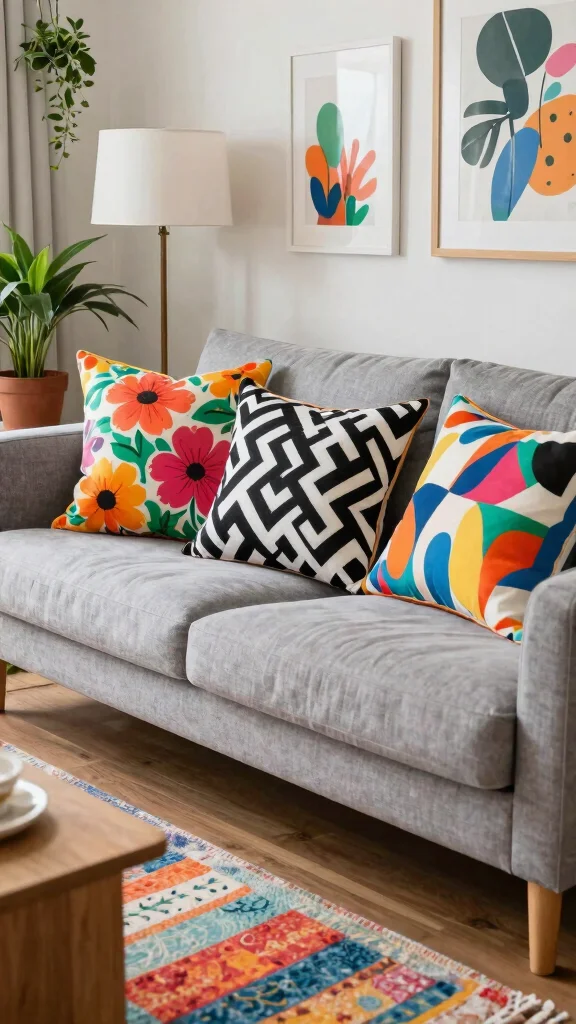 12 Throw Pillow Ideas for a Grey Couch That Always Work - 2. Bold Patterns for a Pop of Interest 1