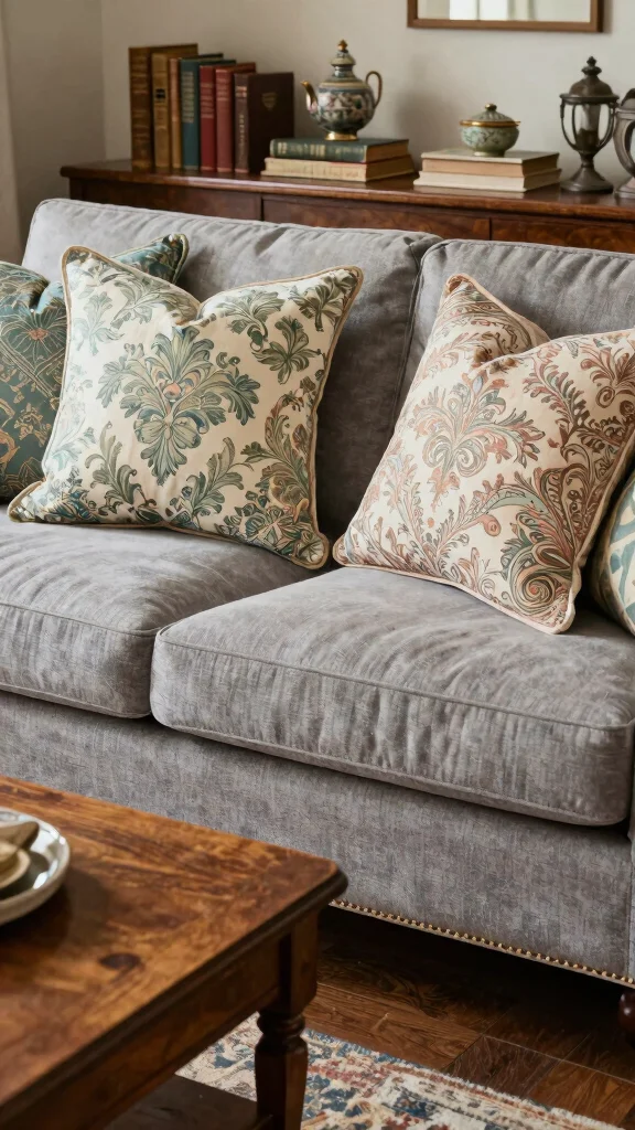 12 Throw Pillow Ideas for a Grey Couch That Always Work - 7. Vintage Flair with Antique Patterns 1
