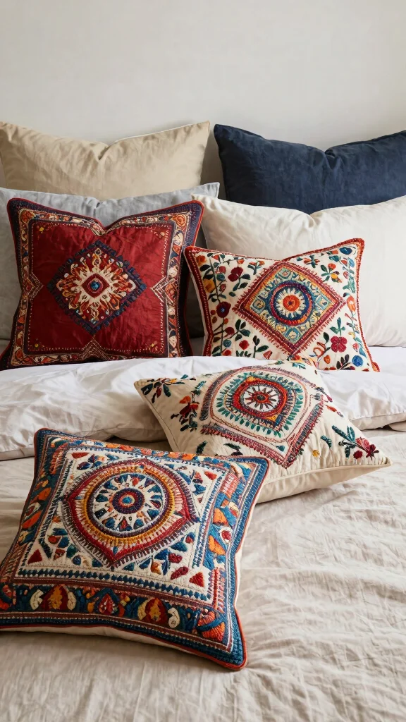 12 Throw Pillow Ideas for a King Size Bed That Feel Luxurious - 7. Artistic Embroidery 1
