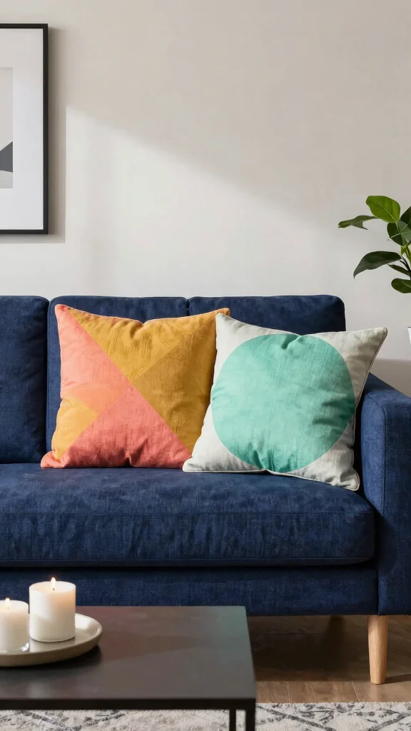 12 Throw Pillow Ideas for a Navy Blue Couch That Pop Beautifully - 1. Vibrant Geometric Patterns 1