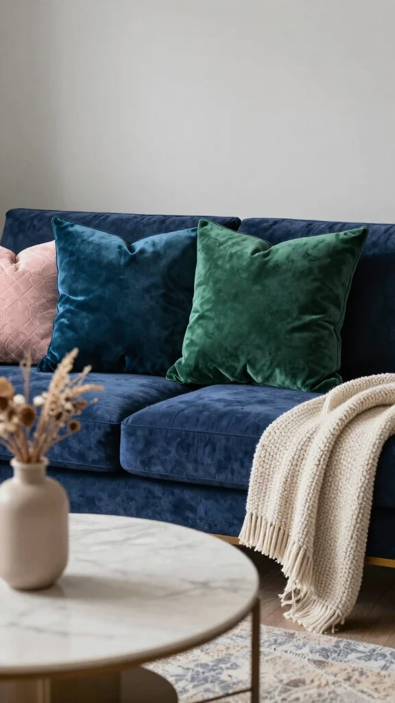 12 Throw Pillow Ideas for a Navy Blue Couch That Pop Beautifully - 2. Luxurious Velvet Accents 1