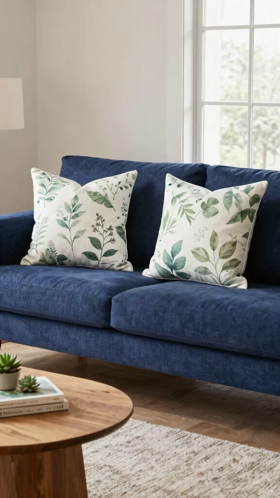 12 Throw Pillow Ideas for a Navy Blue Couch That Pop Beautifully - 3. Nature-Inspired Prints 1