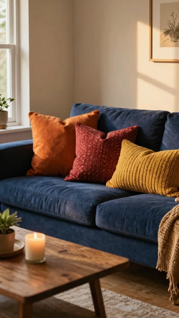 12 Throw Pillow Ideas for a Navy Blue Couch That Pop Beautifully - 4. Warm Earth Tones 1