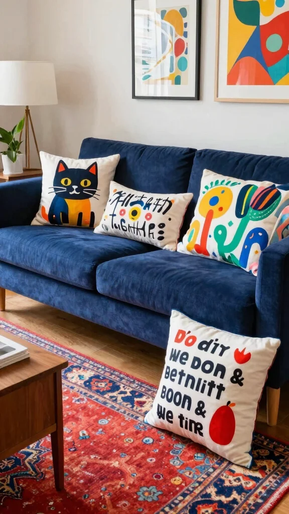 12 Throw Pillow Ideas for a Navy Blue Couch That Pop Beautifully - 5. Playful and Quirky Designs 1