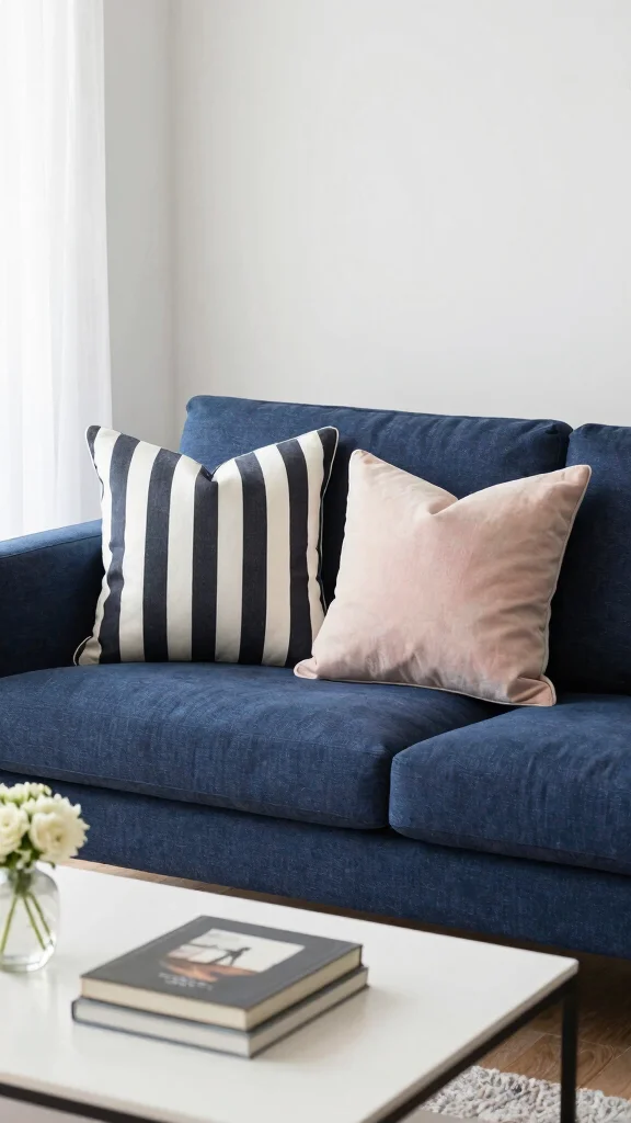 12 Throw Pillow Ideas for a Navy Blue Couch That Pop Beautifully - 6. Classic Stripes 1