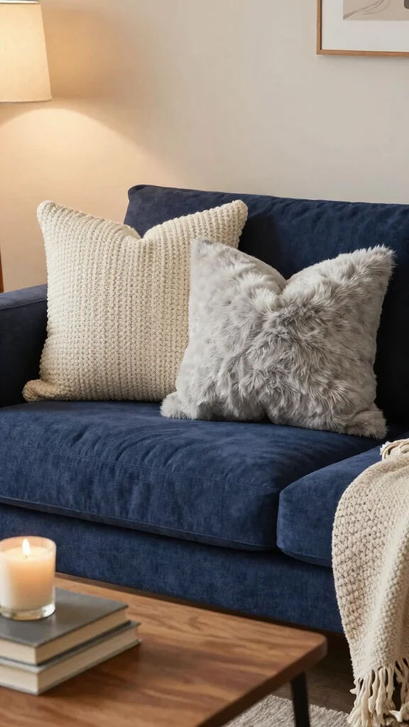 12 Throw Pillow Ideas for a Navy Blue Couch That Pop Beautifully - 7. Textured Fabrics 1