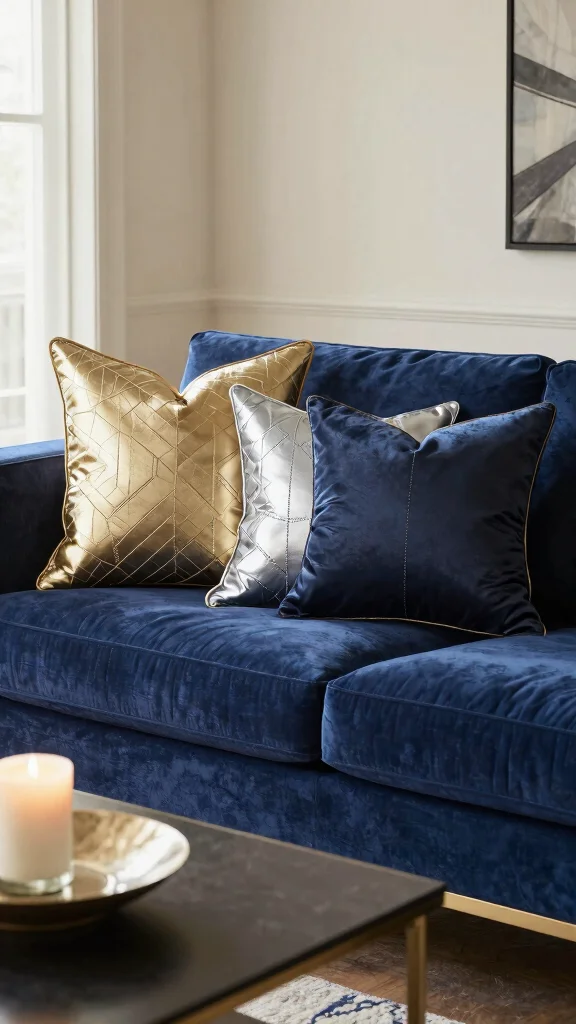 12 Throw Pillow Ideas for a Navy Blue Couch That Pop Beautifully - 8. Metallic Accents 1