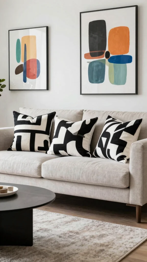 12 Throw Pillow Ideas for a Neutral Couch That Don't Look Flat - 4. Bold Graphic Prints 1