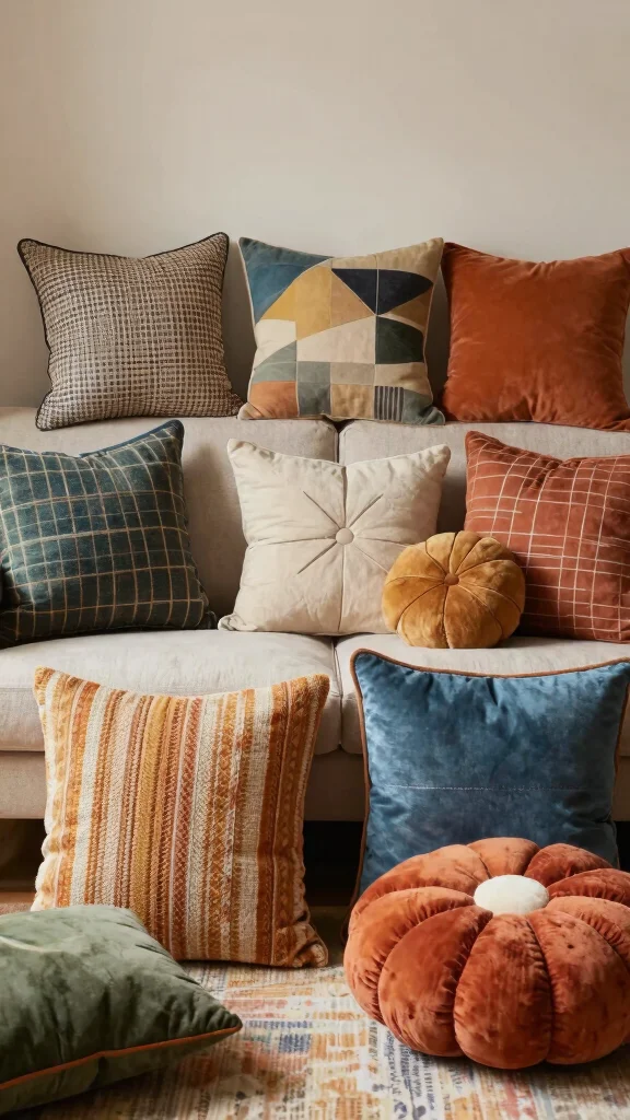12 Throw Pillow Trends in 2026 to Refresh Your Living Room - 11. Mixed Sizes and Shapes 1