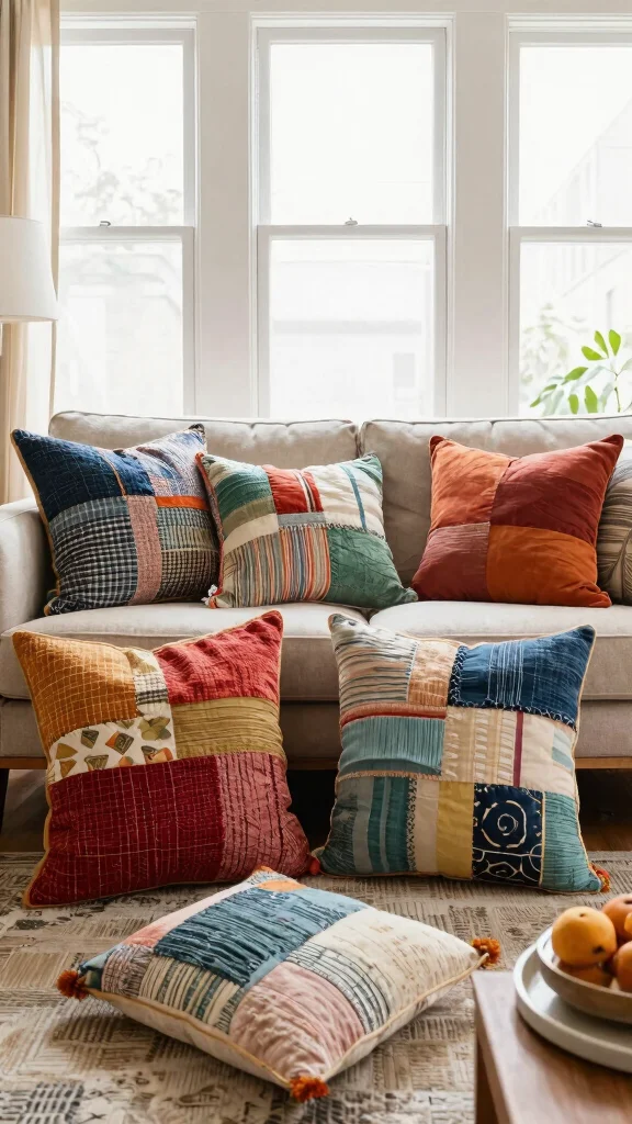 12 Throw Pillow Trends in 2026 to Refresh Your Living Room - 7. Upcycled and Recycled Designs 1