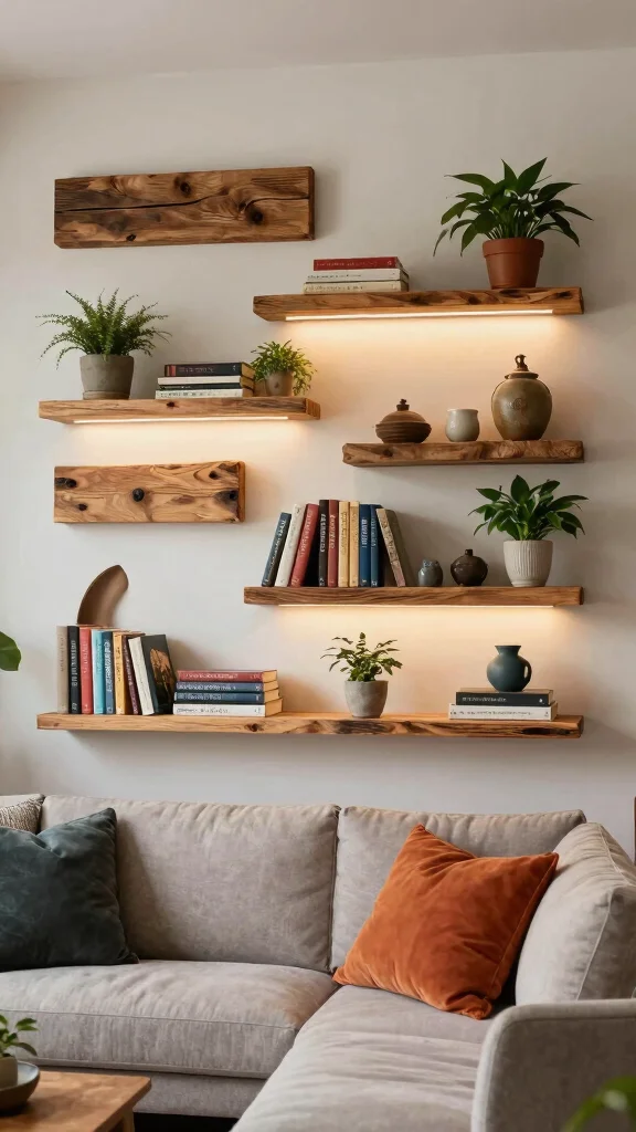 12 Wall Art Ideas for Living Room Walls That Feel Instantly Styled - 12. Artistic Wall Shelves 1