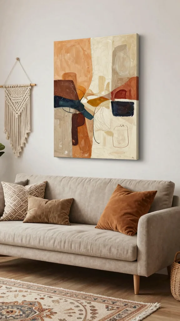 12 Wall Art Ideas for Living Room Walls That Feel Instantly Styled - 4. Bohemian Canvas Art 1