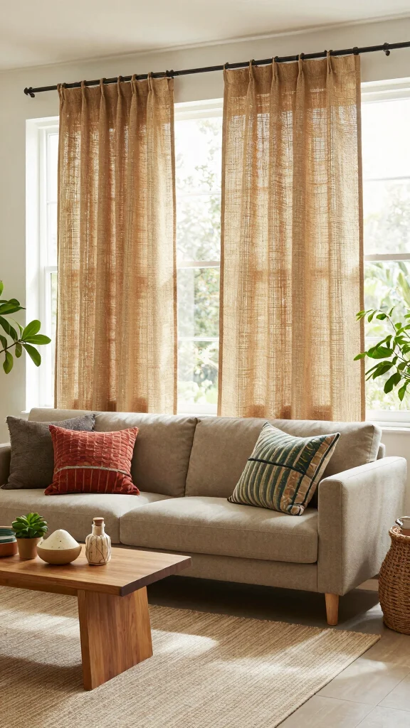 12 Window Treatment Ideas for Living Rooms That Feel Designer Done - 3. Jute Curtain Panels 1