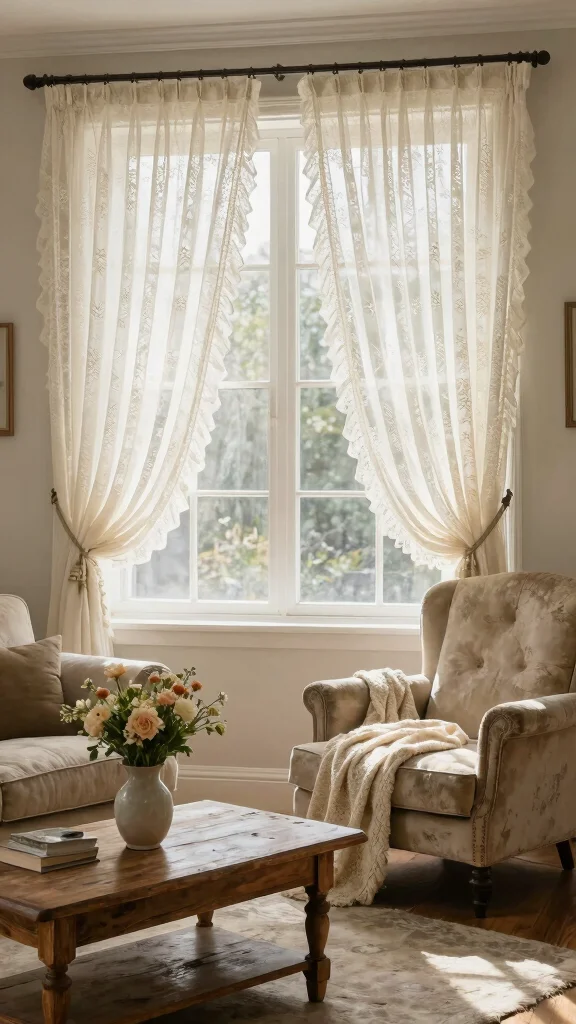 12 Window Treatment Ideas for Living Rooms That Feel Designer Done - 8. Vintage Lace Curtains for Timeless Charm 1