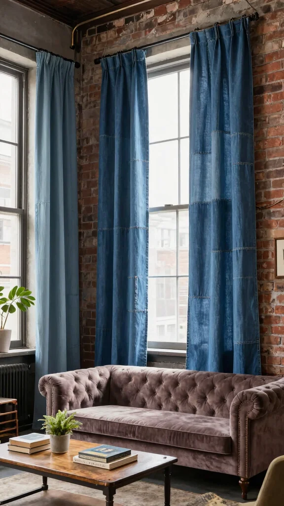12 Window Treatment Ideas for Tall Windows That Feel Proportional - 11. Upcycled Denim Curtains 1