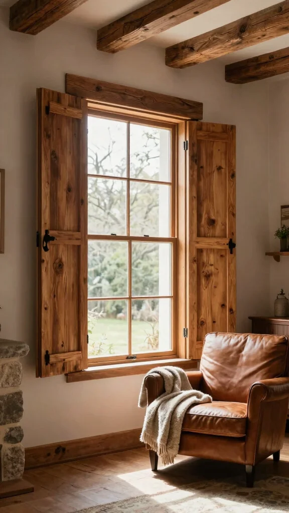 12 Window Treatment Ideas for Tall Windows That Feel Proportional - 7. Rustic Wooden Shutters 1