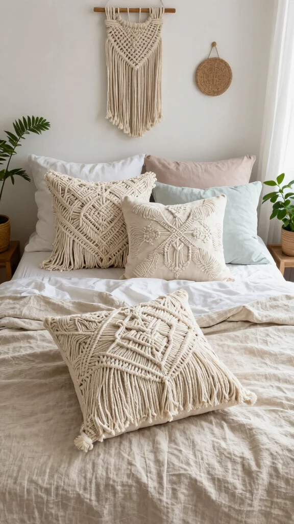14 Bedroom Throw Pillow Ideas to Instantly Upgrade Your Bed - 3. Boho Macramé Accents 1