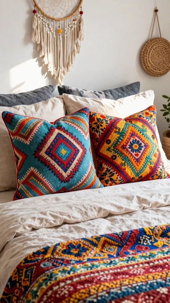 14 Bedroom Throw Pillow Ideas to Instantly Upgrade Your Bed - 6. Colorful Bolsters 1