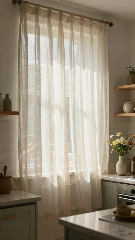 14 Kitchen Window Treatment Ideas for Style, Privacy, and Light - 10. Sheer Drapes for Softness and Light 1
