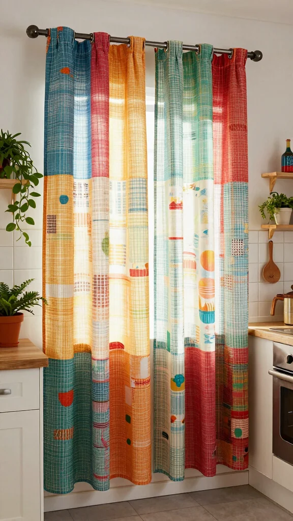 14 Kitchen Window Treatment Ideas for Style, Privacy, and Light - 13. Recycled Fabric Panel Curtains for a Unique Look 1