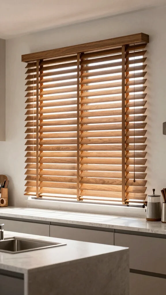 14 Kitchen Window Treatment Ideas for Style, Privacy, and Light - 14. Eco-Conscious Faux Wood Blinds for Versatile Style 1