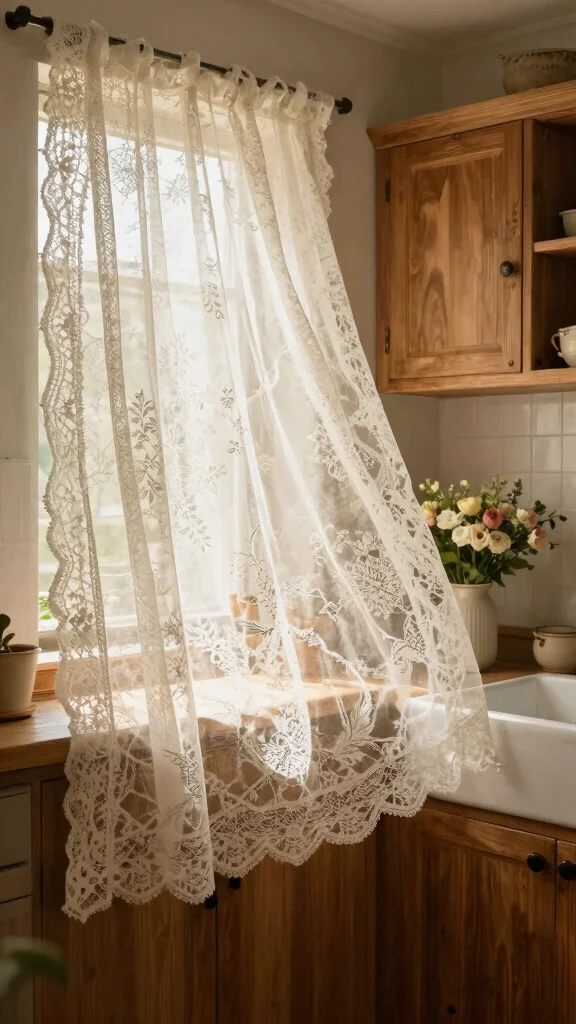 14 Kitchen Window Treatment Ideas for Style, Privacy, and Light - 7. Vintage Lace Curtains for Timeless Charm 1