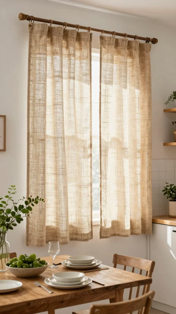 14 Kitchen Window Treatment Ideas for Style, Privacy, and Light - 9. Sustainable Jute Curtains for Natural Texture 1